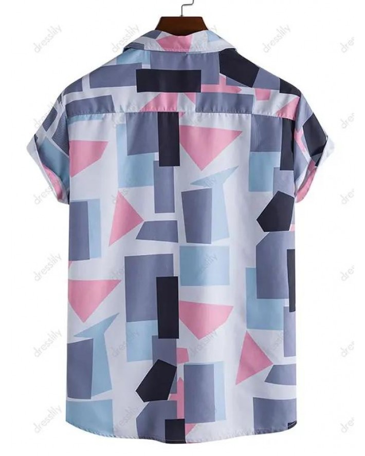 Casual Shirt Geometric Print Front Pocket Notched Collar Short Sleeve Summer Button-up Shirt