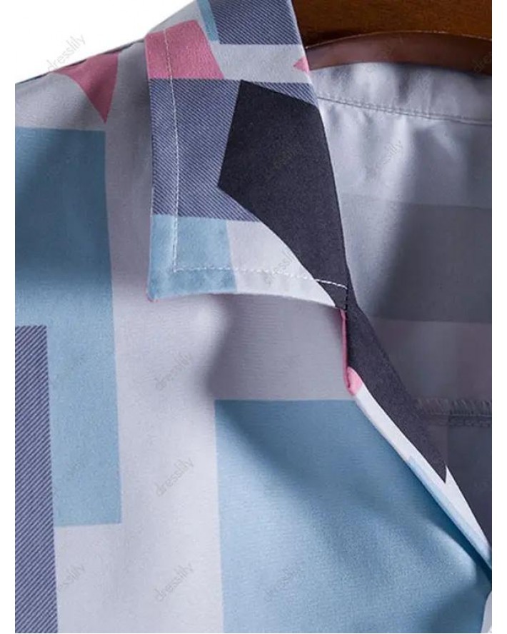 Casual Shirt Geometric Print Front Pocket Notched Collar Short Sleeve Summer Button-up Shirt