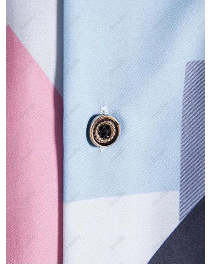 Casual Shirt Geometric Print Front Pocket Notched Collar Short Sleeve Summer Button-up Shirt