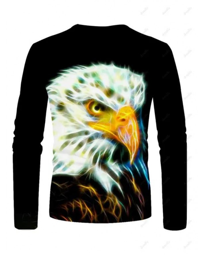 Electric Eagle Print T-shirt Long Sleeve Casual Round Neck Tee