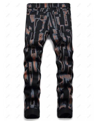 Stripe Painting Print Denim Pants Zip Fly Long Straight Casual Jeans