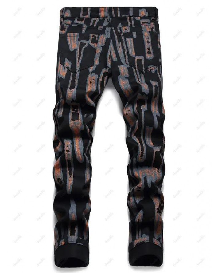 Stripe Painting Print Denim Pants Zip Fly Long Straight Casual Jeans