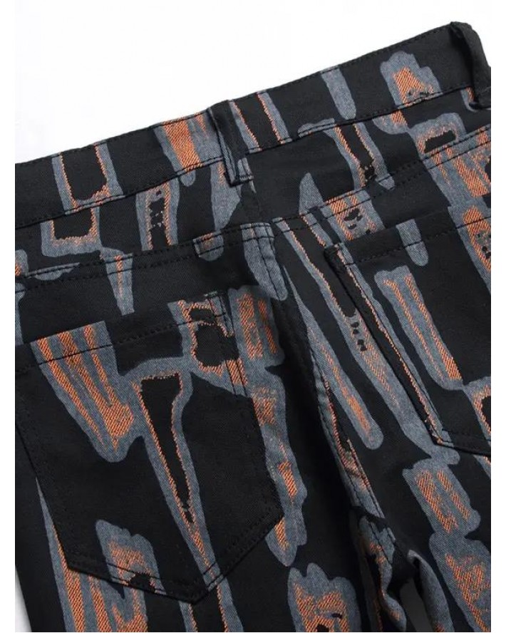 Stripe Painting Print Denim Pants Zip Fly Long Straight Casual Jeans