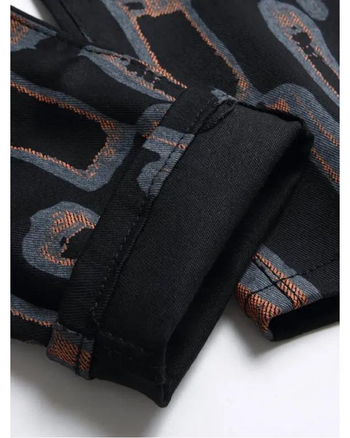 Stripe Painting Print Denim Pants Zip Fly Long Straight Casual Jeans