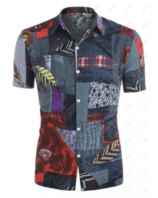Flower Leaf Patchwork Print Short Sleeve Shirt
