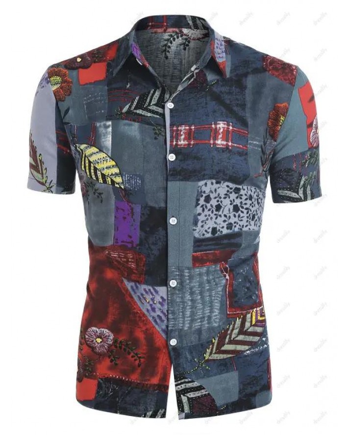 Flower Leaf Patchwork Print Short Sleeve Shirt