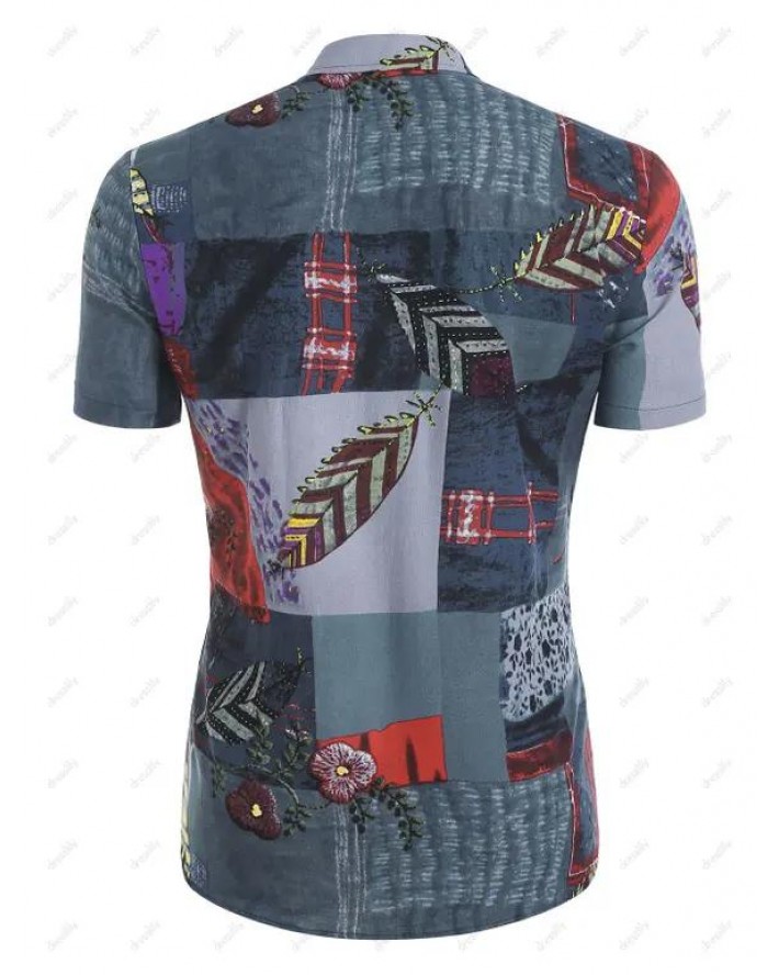 Flower Leaf Patchwork Print Short Sleeve Shirt