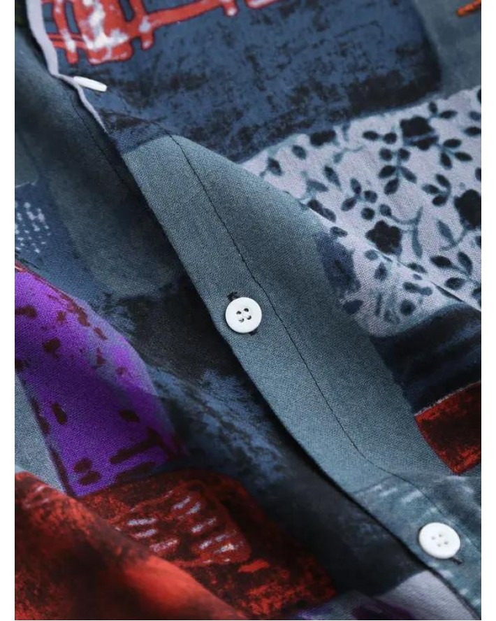 Flower Leaf Patchwork Print Short Sleeve Shirt