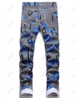 Zipper Fly Jeans Letter Plaid Print Jeans Pockets Casual Denim Pants