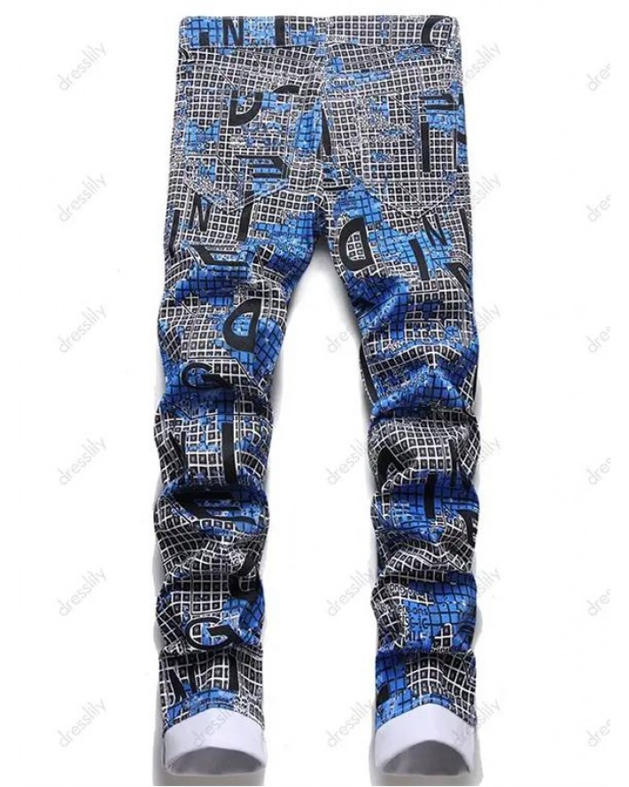Zipper Fly Jeans Letter Plaid Print Jeans Pockets Casual Denim Pants