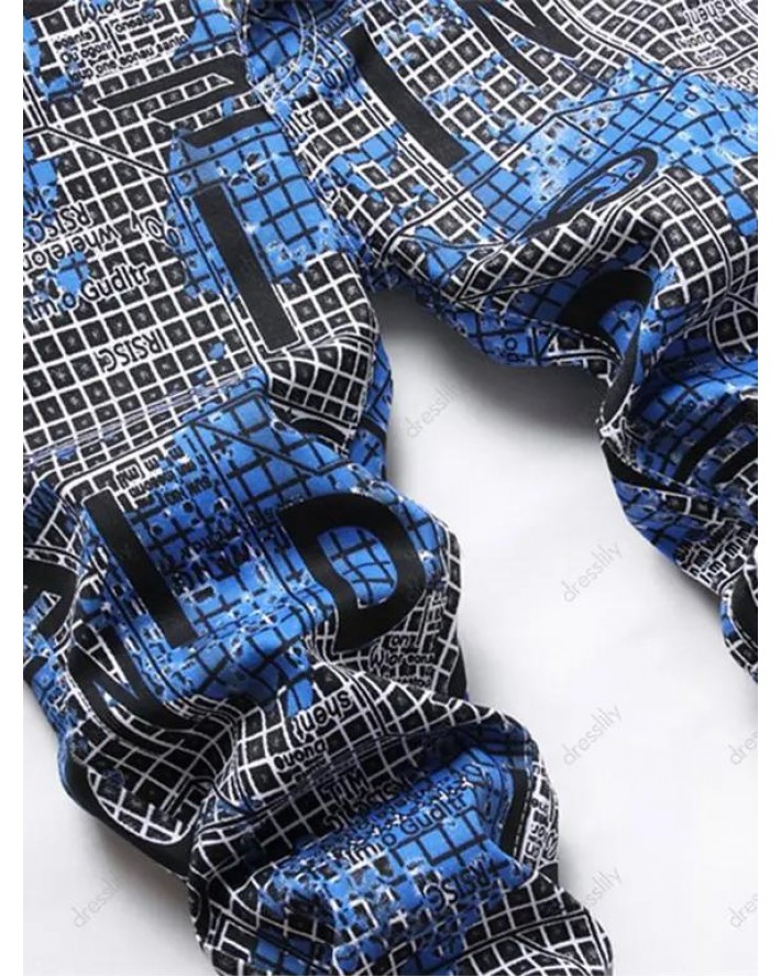 Zipper Fly Jeans Letter Plaid Print Jeans Pockets Casual Denim Pants