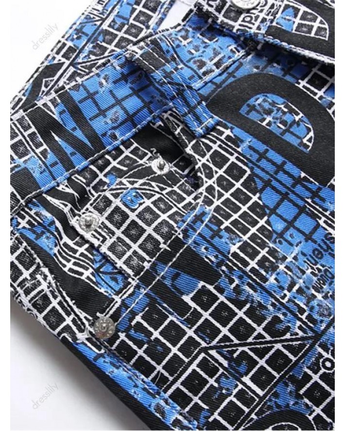 Zipper Fly Jeans Letter Plaid Print Jeans Pockets Casual Denim Pants