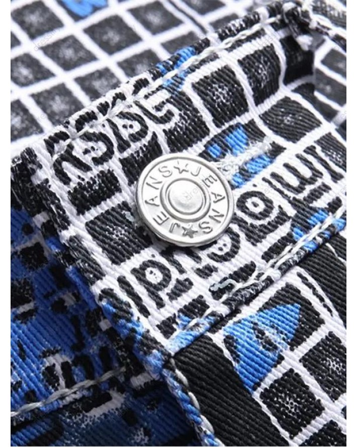 Zipper Fly Jeans Letter Plaid Print Jeans Pockets Casual Denim Pants