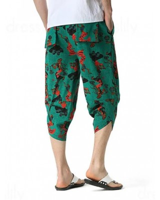 Allover Printed Pants Drawstring Waist Pockets Irregular Hem Vacation Capri Pants