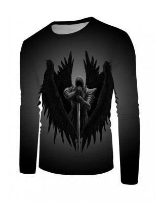 Knight Print T-shirt Long Sleeve Casual Round Neck Tee