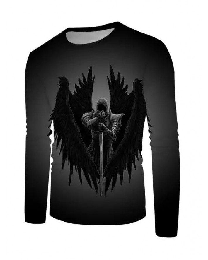 Knight Print T-shirt Long Sleeve Casual Round Neck Tee