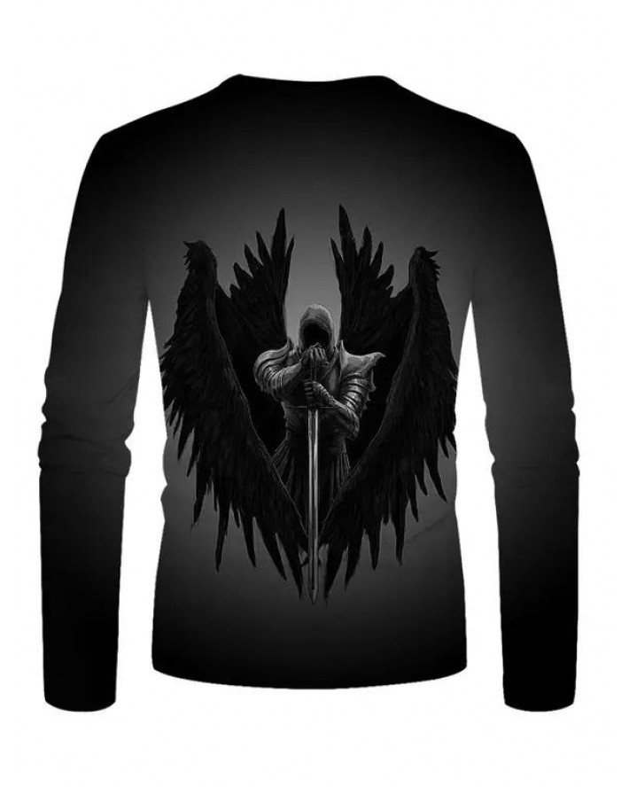 Knight Print T-shirt Long Sleeve Casual Round Neck Tee