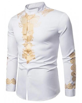 Casual Shirt Contrast Bronzing Shirt Stand Collar Long Sleeve Vintage Button-up Shirt