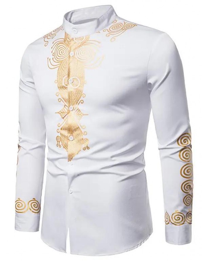Casual Shirt Contrast Bronzing Shirt Stand Collar Long Sleeve Vintage Button-up Shirt