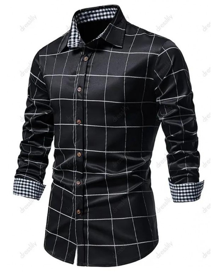 Casual Plaid Print Shirt Turn Down Collar Long Sleeve Button-up Shirt