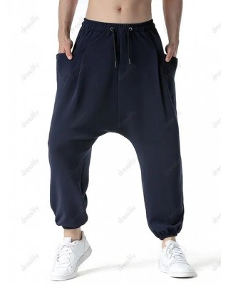 Pure Color Harem Pants Large Pockets Loose Drawstring Waist Sport Harem Sweatpants