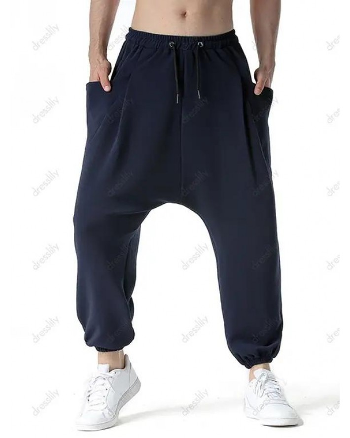 Pure Color Harem Pants Large Pockets Loose Drawstring Waist Sport Harem Sweatpants