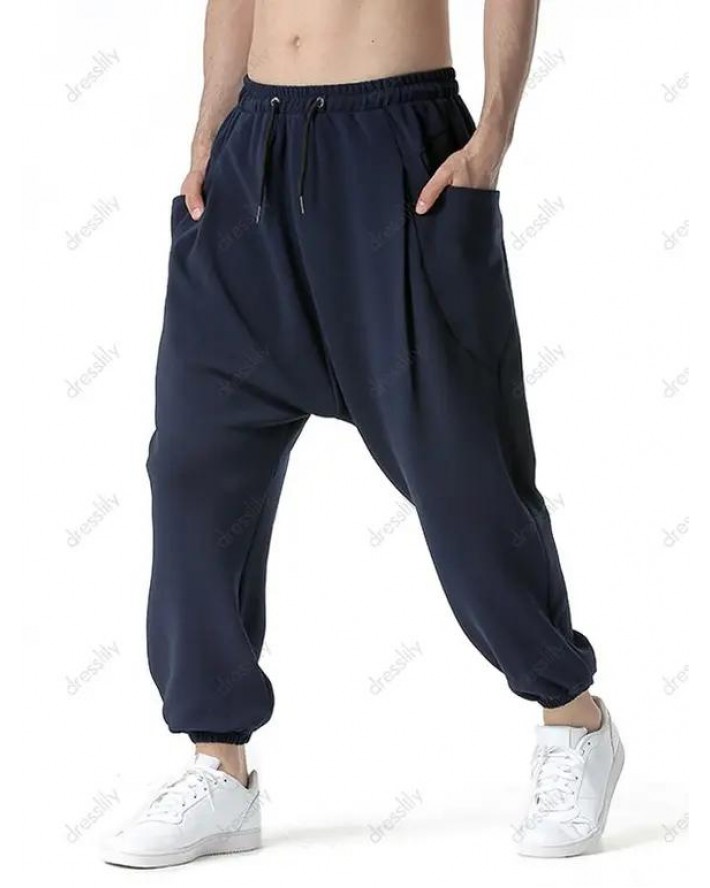 Pure Color Harem Pants Large Pockets Loose Drawstring Waist Sport Harem Sweatpants