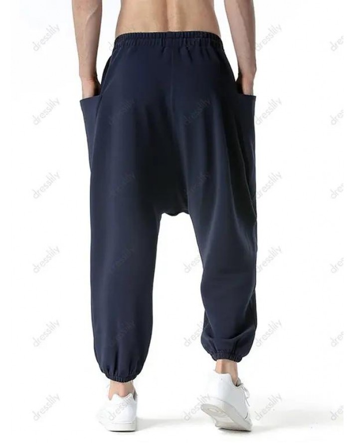 Pure Color Harem Pants Large Pockets Loose Drawstring Waist Sport Harem Sweatpants