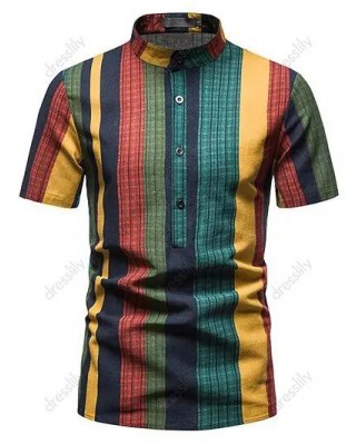 Casual Shirt Geometric Striped Plaid Leaf Floral Print Stand Collar Short Sleeve Summer Shirt