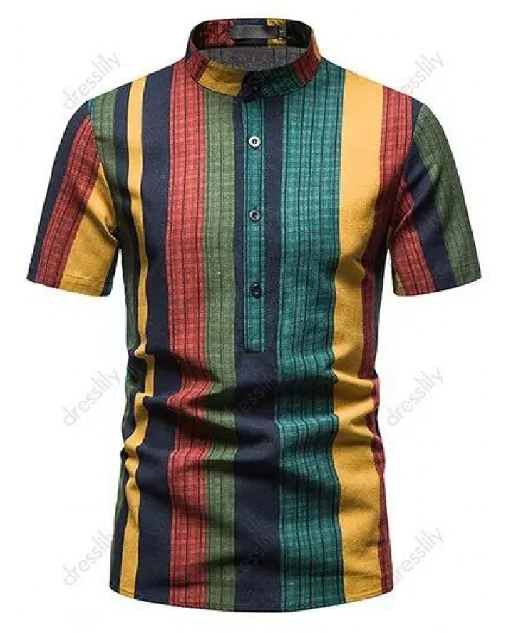 Casual Shirt Geometric Striped Plaid Leaf Floral Print Stand Collar Short Sleeve Summer Shirt