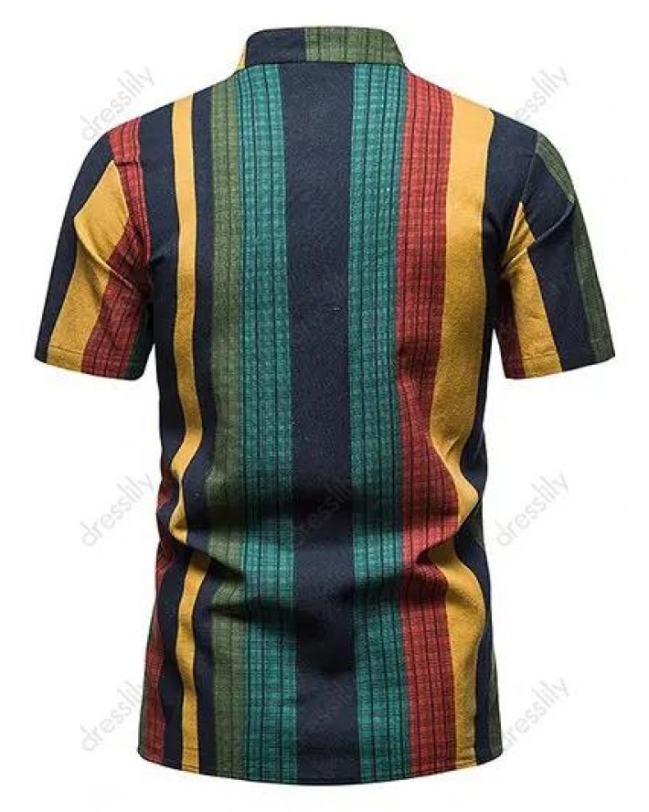 Casual Shirt Geometric Striped Plaid Leaf Floral Print Stand Collar Short Sleeve Summer Shirt