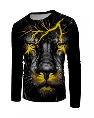 Lion 3D Print T-shirt Long Sleeve Casual Round Neck Tee