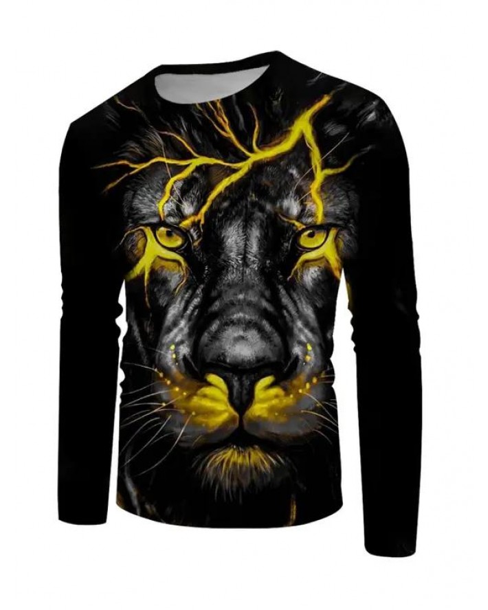 Lion 3D Print T-shirt Long Sleeve Casual Round Neck Tee