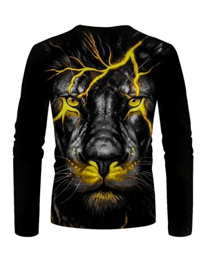 Lion 3D Print T-shirt Long Sleeve Casual Round Neck Tee