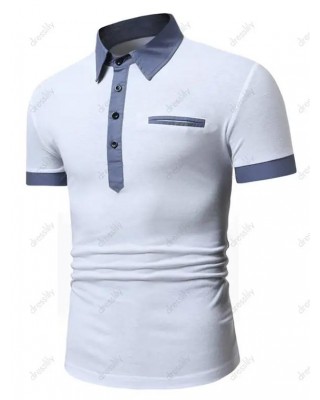 Half Button Short Sleeve T-shirt Colorblock Turndown Collar Casual Tee