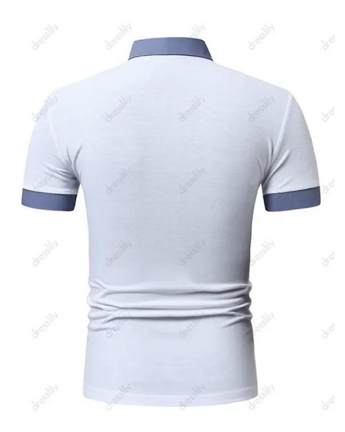 Half Button Short Sleeve T-shirt Colorblock Turndown Collar Casual Tee