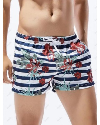 Casual Board Shorts Striped Leaf Floral Print Drawstrings Pockets Wide Leg Summer Beach Shorts