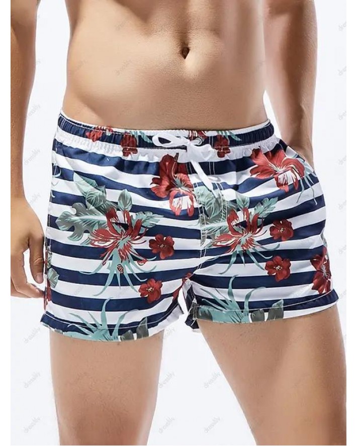 Casual Board Shorts Striped Leaf Floral Print Drawstrings Pockets Wide Leg Summer Beach Shorts