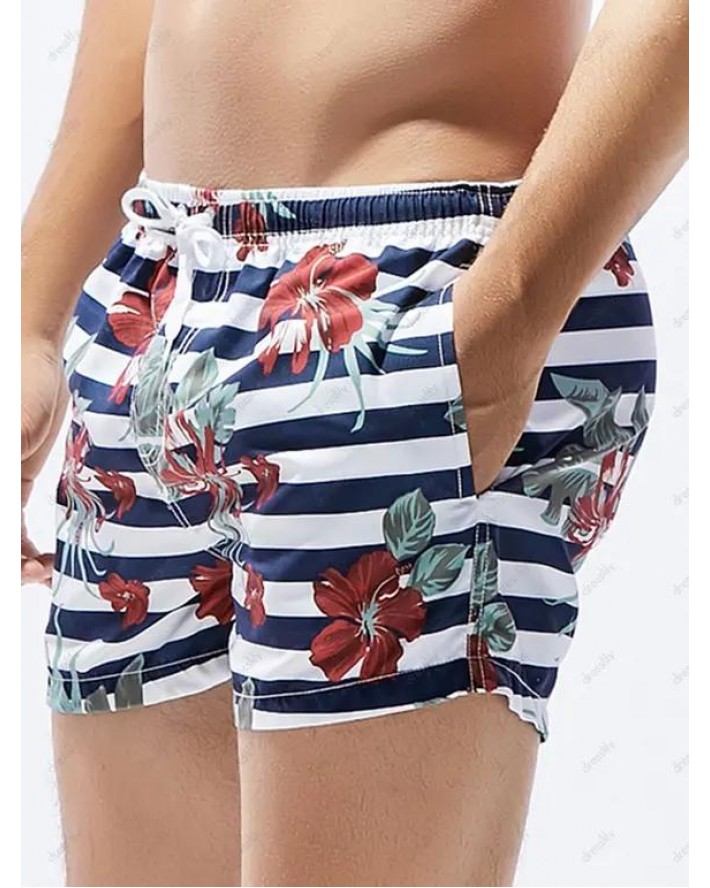 Casual Board Shorts Striped Leaf Floral Print Drawstrings Pockets Wide Leg Summer Beach Shorts
