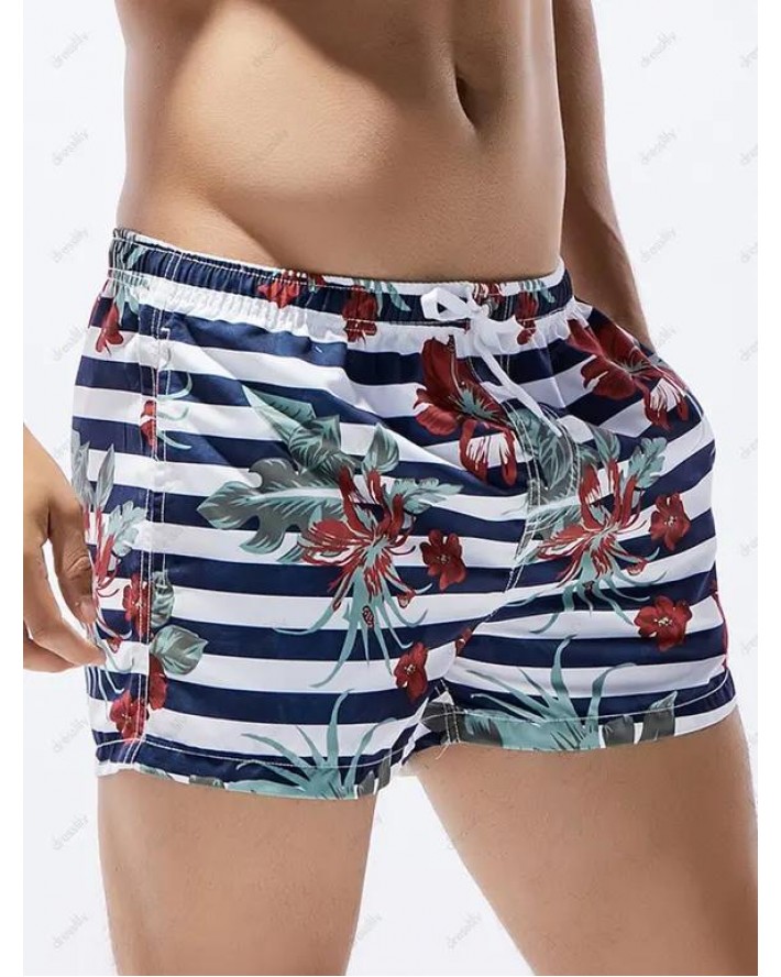 Casual Board Shorts Striped Leaf Floral Print Drawstrings Pockets Wide Leg Summer Beach Shorts
