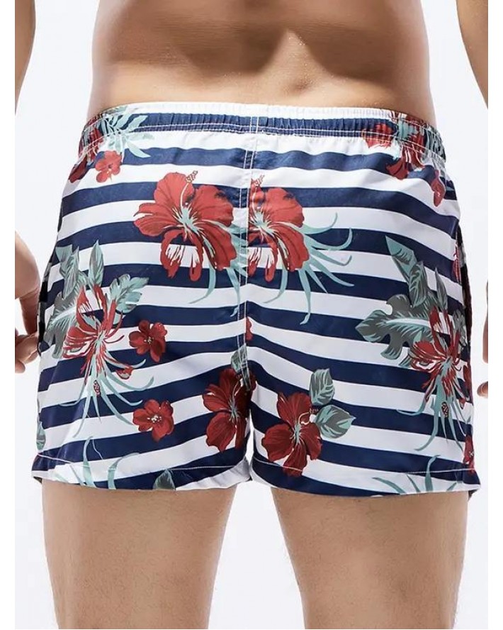 Casual Board Shorts Striped Leaf Floral Print Drawstrings Pockets Wide Leg Summer Beach Shorts