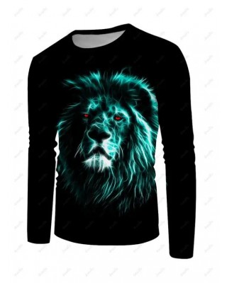 Lion Printed T Shirt Animal Round Neck Long Sleeve Casual Tee