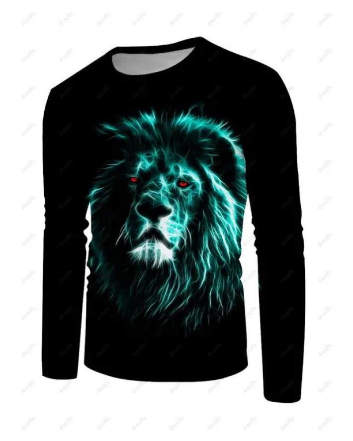 Lion Printed T Shirt Animal Round Neck Long Sleeve Casual Tee