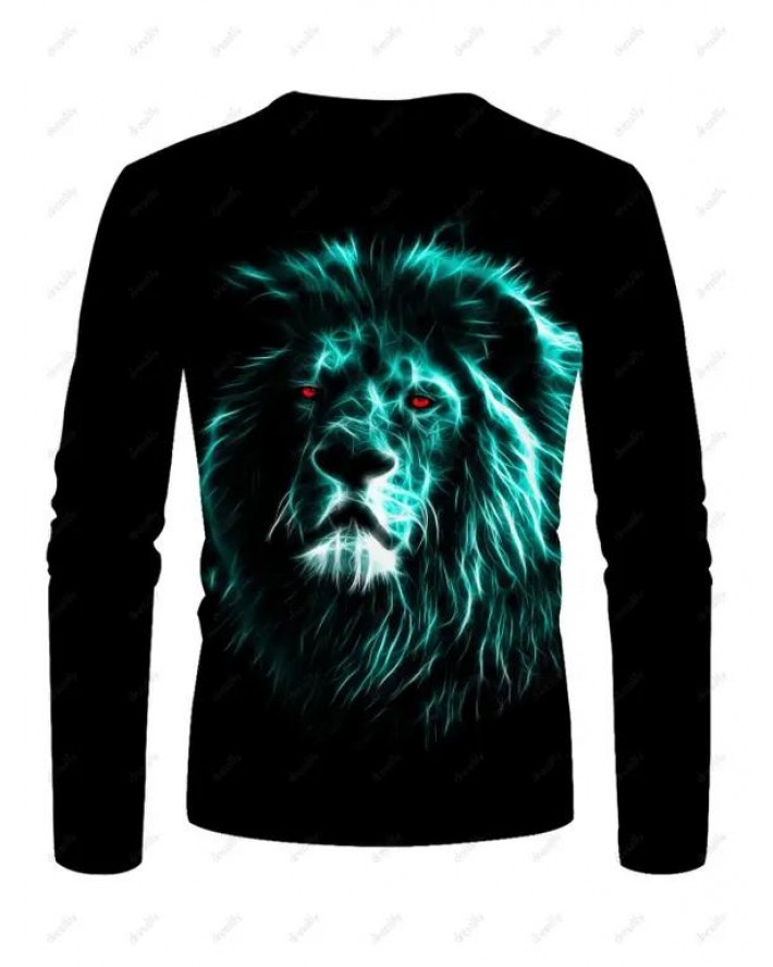 Lion Printed T Shirt Animal Round Neck Long Sleeve Casual Tee