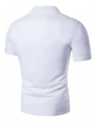 V Notched Graphic Stand-up Collar T Shirt