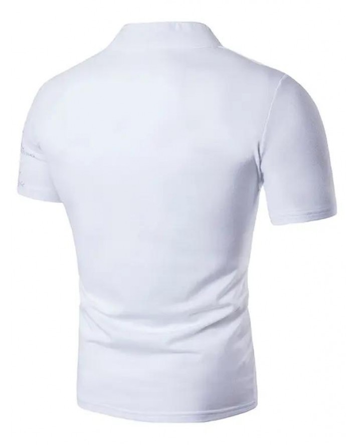 V Notched Graphic Stand-up Collar T Shirt