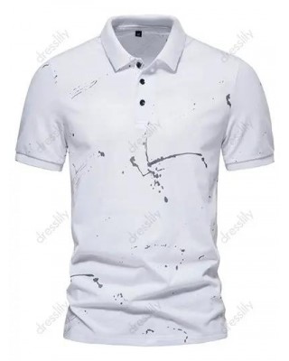 Summer Casual T Shirt Printed Half Button Turn Down Collar Short Sleeve Tee