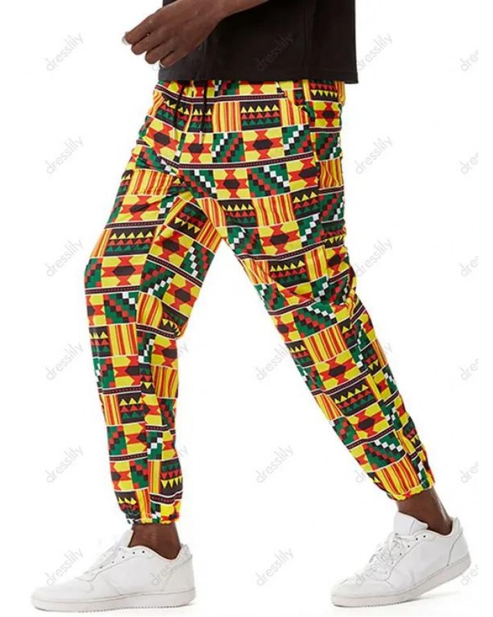 African Pattern Bohemian Pants Allover Print Drawstring Ethnic Style Pants