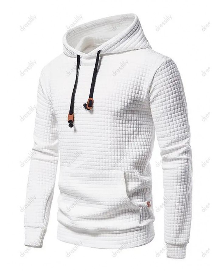 Textured Hoodie Plain Color Drawstring Long Sleeve Kangaroo Pocket Sweatshirt With Hood