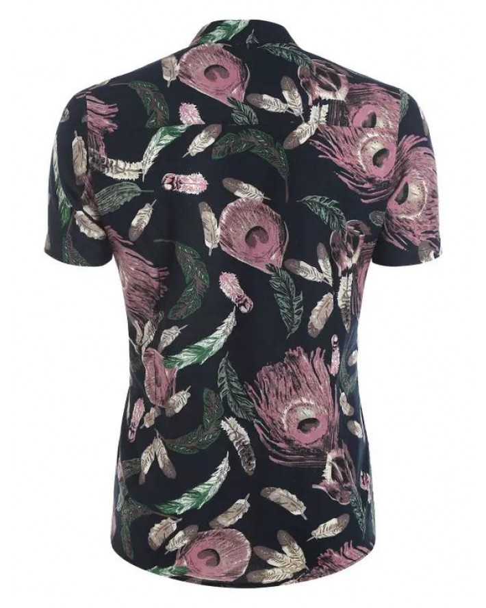 Allover Feather Print Button Up Shirt